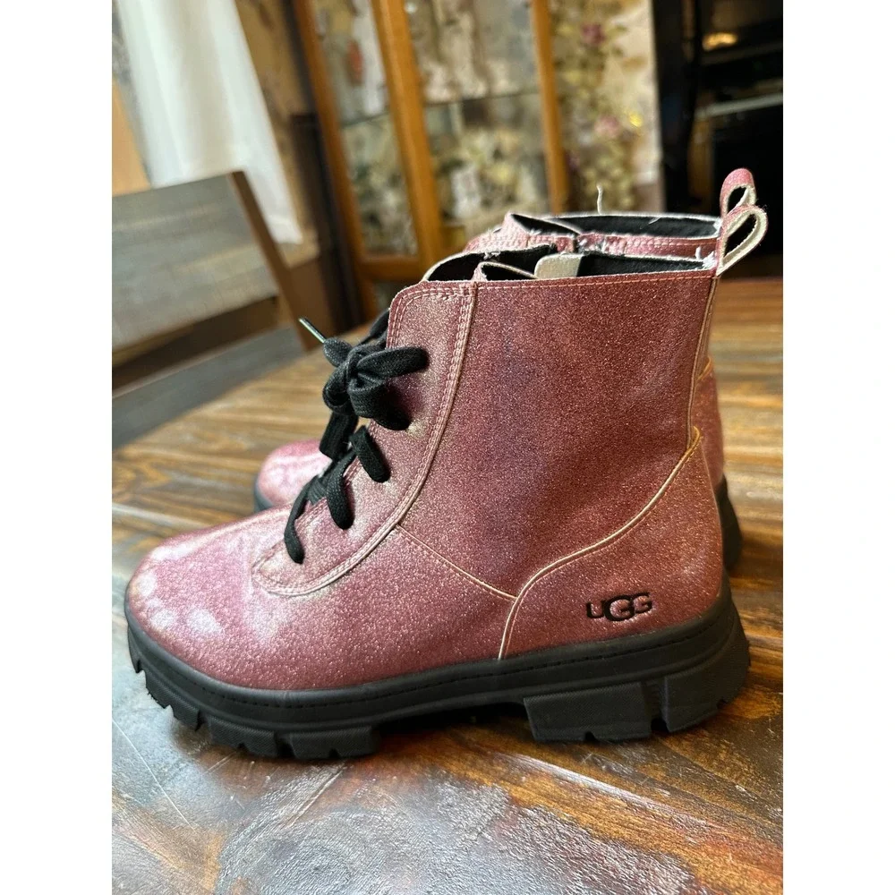 UGG Ashton Glitter Rose Pink Ankle‎ Boots Lace Up Zip Lug Sole 1151571K Kids 6